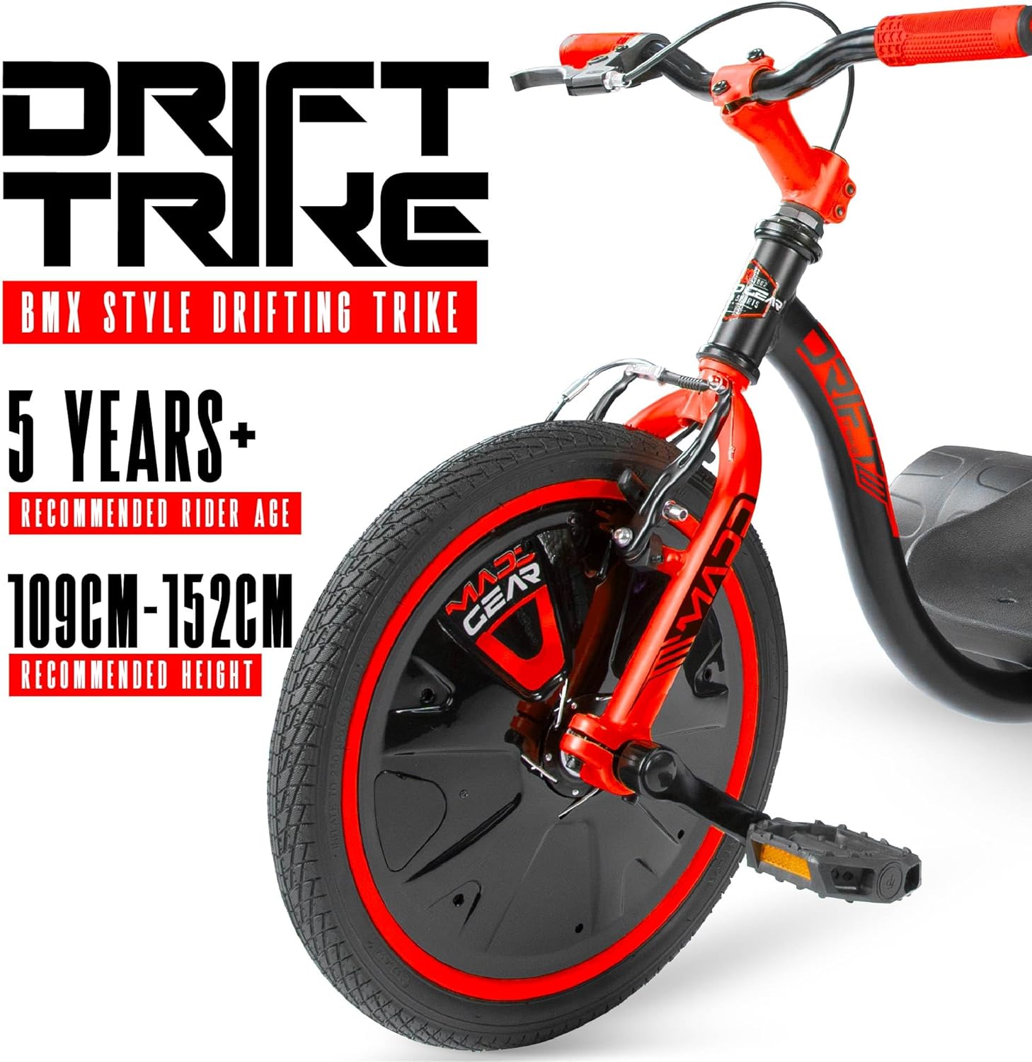 Drift Trike for Kids Ages 5+ – 16' Front Wheel Ride-On with Adjustable Seat, Steel Frame, Rear Slick Drift Wheels & Safety Flag – Madd Gear - (Black Red)