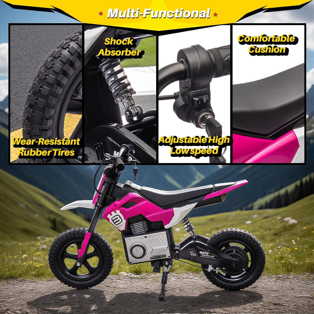 Blitzshark 24V Electric Dirt Bike for Kids，200W Motor Electric Motorcycle Aged 5-12, Motorbike for Kids, Adjustable Speed, LED Breath lamp,Bluetooth,Music,Horn,Speeds 3-9MPH, Pink