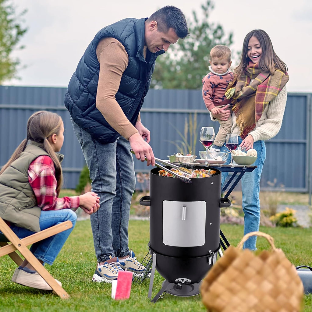 LEADZM 4-Tier 3-in-1 Vertical Charcoal Grill, BBQ Charcoal Smoker with Built-in Thermometer, Air Vent, and Access Doors, Perfect for Camping, Picnics, Backyard BBQs, and Tailgating Parties