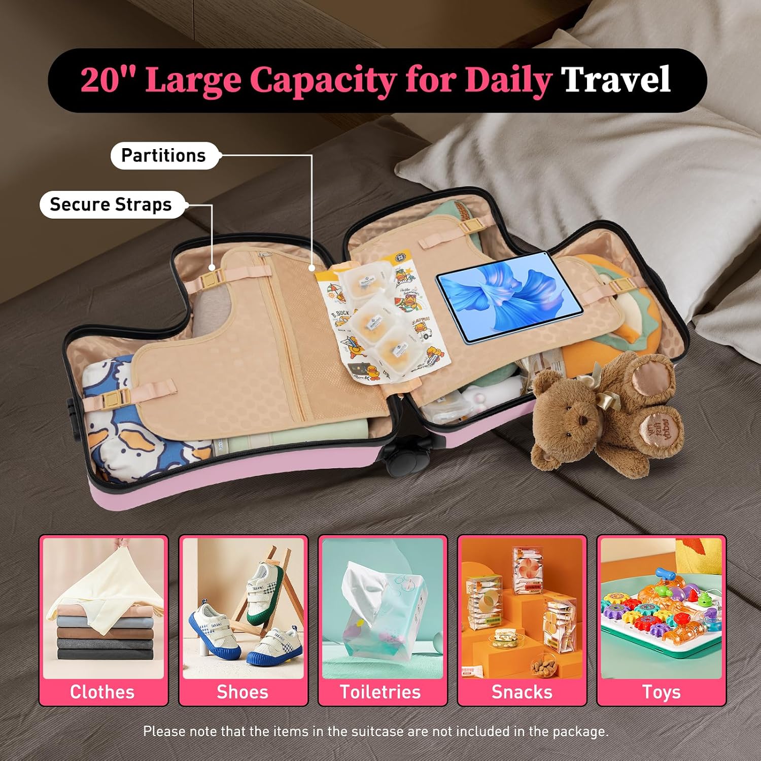 20' Ride on Suitcase for Kids, Carry on Trolley Suitcase with Double-row Universal Wheels Travel Riding Luggage with Password Lock/Safety Belt/Telescoping Handle, Pink