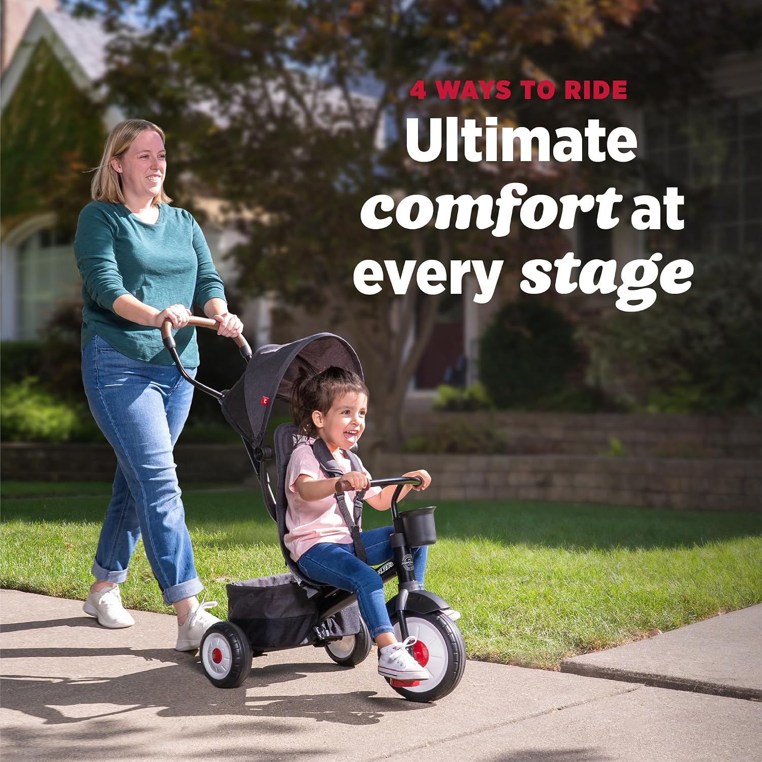 Radio Flyer City 4-in-1 Stroll 'N Trike, Red, for Riders 1-5 Years Old, 4 Riding Modes, 3 Point Harness with Comfort Pad, Parent Controlled Steering, Rear Storage, Stroller Tricycle for Toddlers