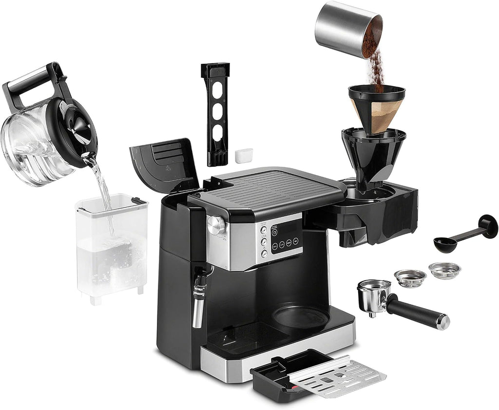 De'Longhi UPGRADED All-in-One Combination Coffee Maker & Espresso Machine + Advanced Adjustable Milk Frother for Cappuccino & Latte + Glass Coffee Pot 10-Cup, COM532M black