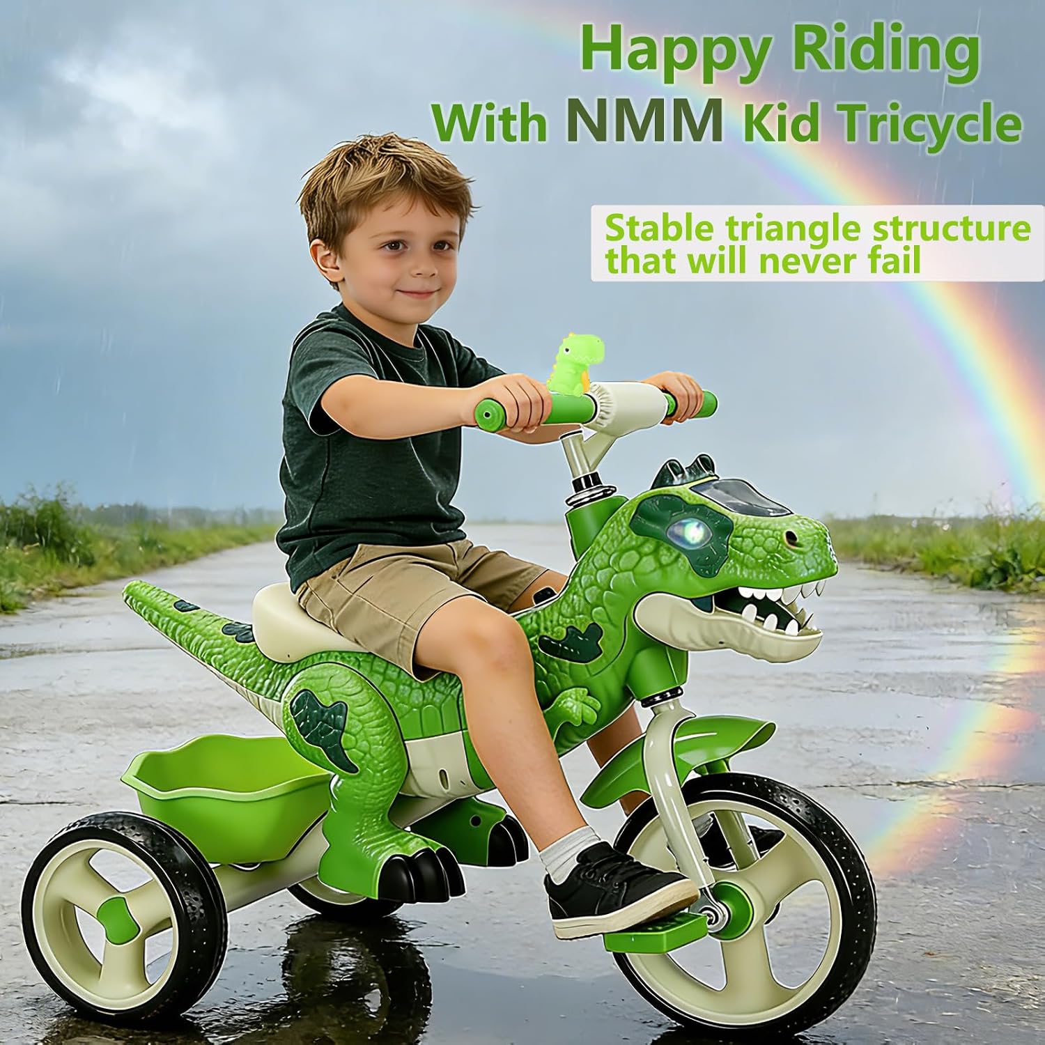 NMM Dinosaur Tricycle for Toddlers, Kids Trike with Music, LED, Tricycles for 3-5 Year Olds, for Rider, Big Wheel, Storage Basket, Horn, Toddler Bike for Boy, Dinosaur Toys for Kids 2-4 4-7