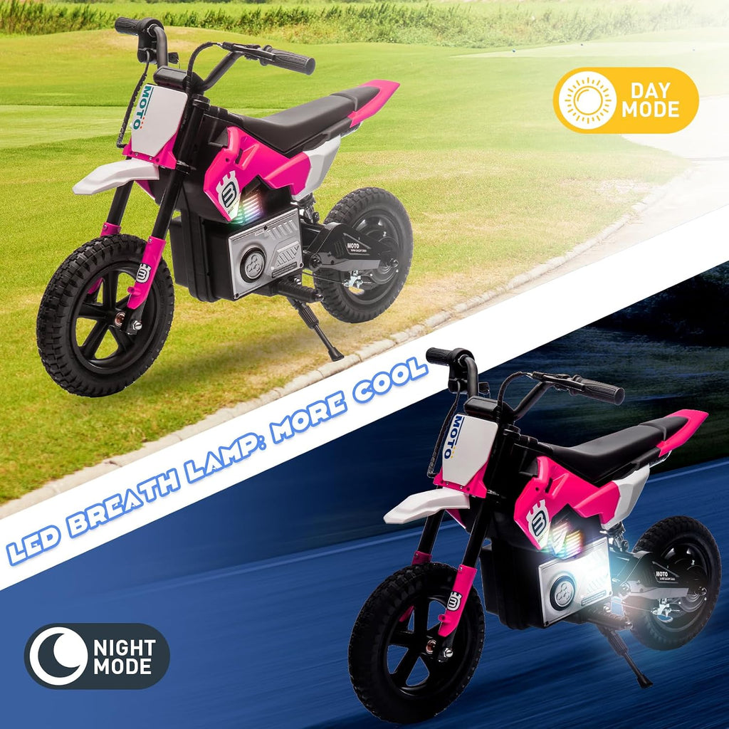 WEEROCK 24V Kids Electric Dirt Bike for 5-15 Years Old, Ride on E Motorcycle, 3.11-9.32MPH Speed, Rear Shock Absorber, LED Breath Lamp, Bluetooth for Boys Girls Children Electria Toy Gift, Pink