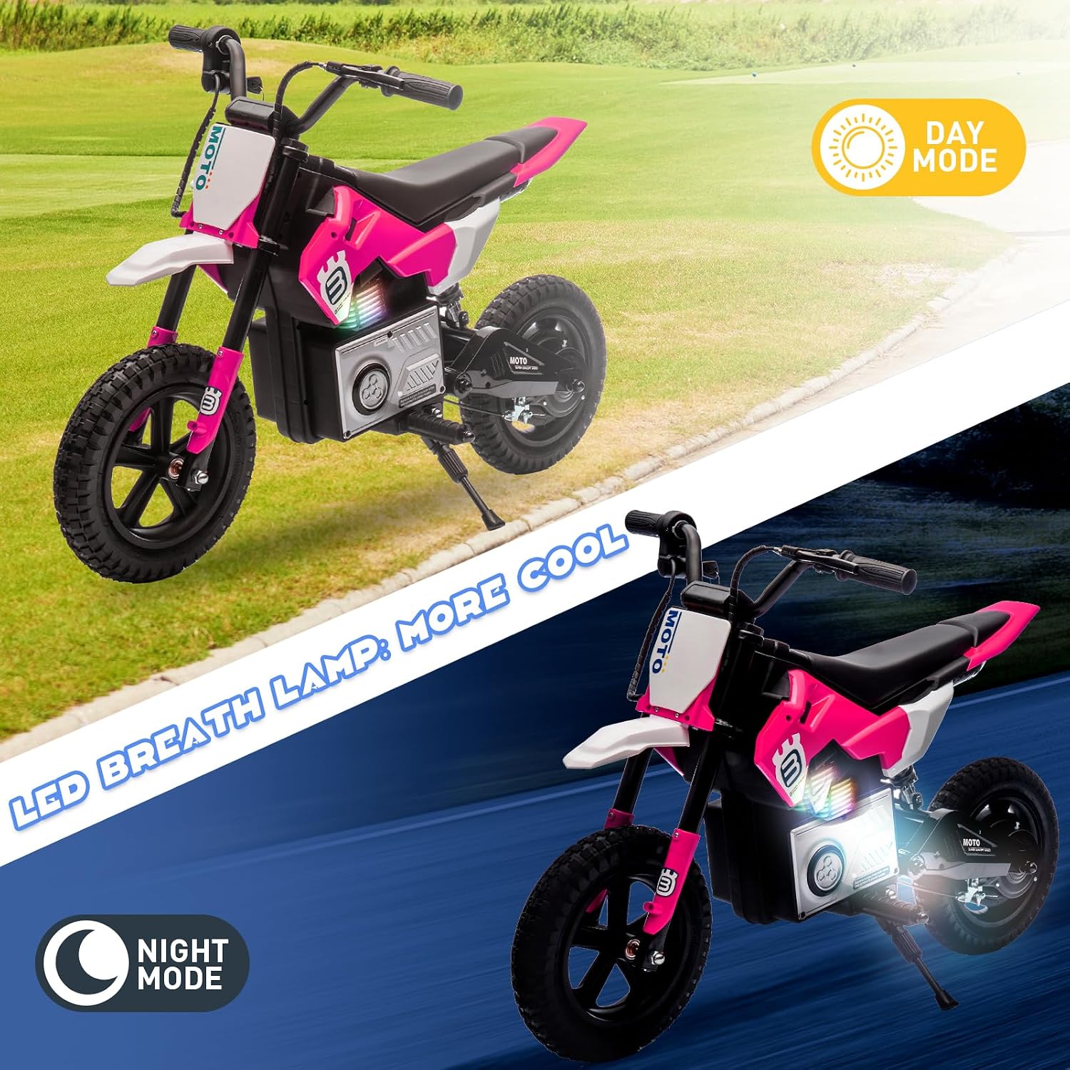 WEEROCK 24V Kids Electric Dirt Bike for 5-15 Years Old, Ride on E Motorcycle, 3.11-9.32MPH Speed, Rear Shock Absorber, LED Breath Lamp, Bluetooth for Boys Girls Children Electria Toy Gift, Pink