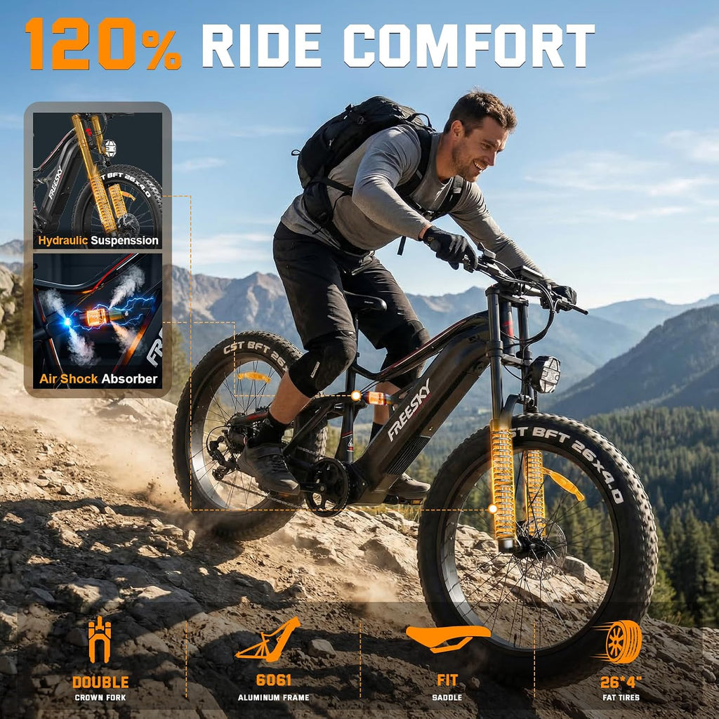 FREESKY 3500W BAFANG Motor Electric Bike for Adults, 48V 35Ah Samsung Cells Battery Ebike 140 Miles, 38+MPH, 26' Fat Tire Dirt All-Terrain Mountain E Bike, Full Suspension, UL 2849 Certified by TÜV