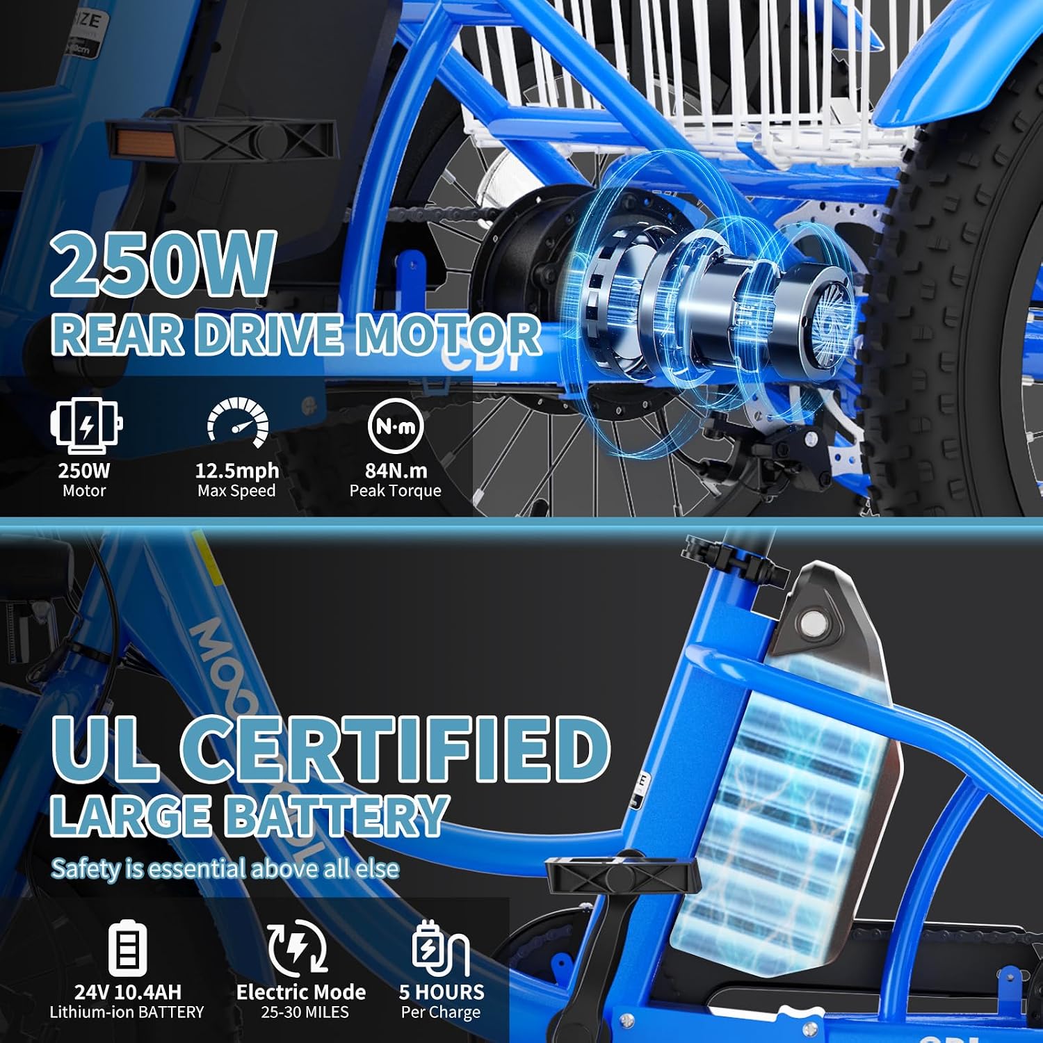 16 Inch Kids Electric Tricycle, 250W 24V Fat Tire Electric Trike, 3 Wheels Electric Bike Cruiser Bicycle, Aluminum Frame Motored Trike with Adjustable Seat and Removable Battery, Blue