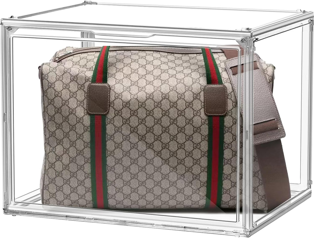 4 Pack XXX-Large Clear Purse Organizers for Closets 17.7'x13'x13' Acrylic Display Case Clear Shoes Storage Box Stackable Handbag Storage Organizers Helmet Display Cabinet Storage Bins with Lid