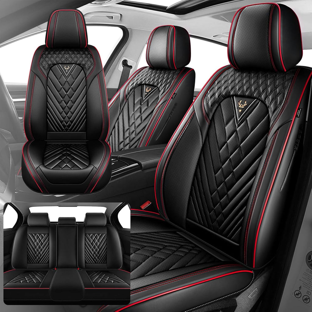 Fit for 97% of Cadillac Seat Covers, Fashion Sport Seat Cover with Waterproof Leather, Airbag Safe Design Seat Protector (2 Front Seat Standard, Black Red)