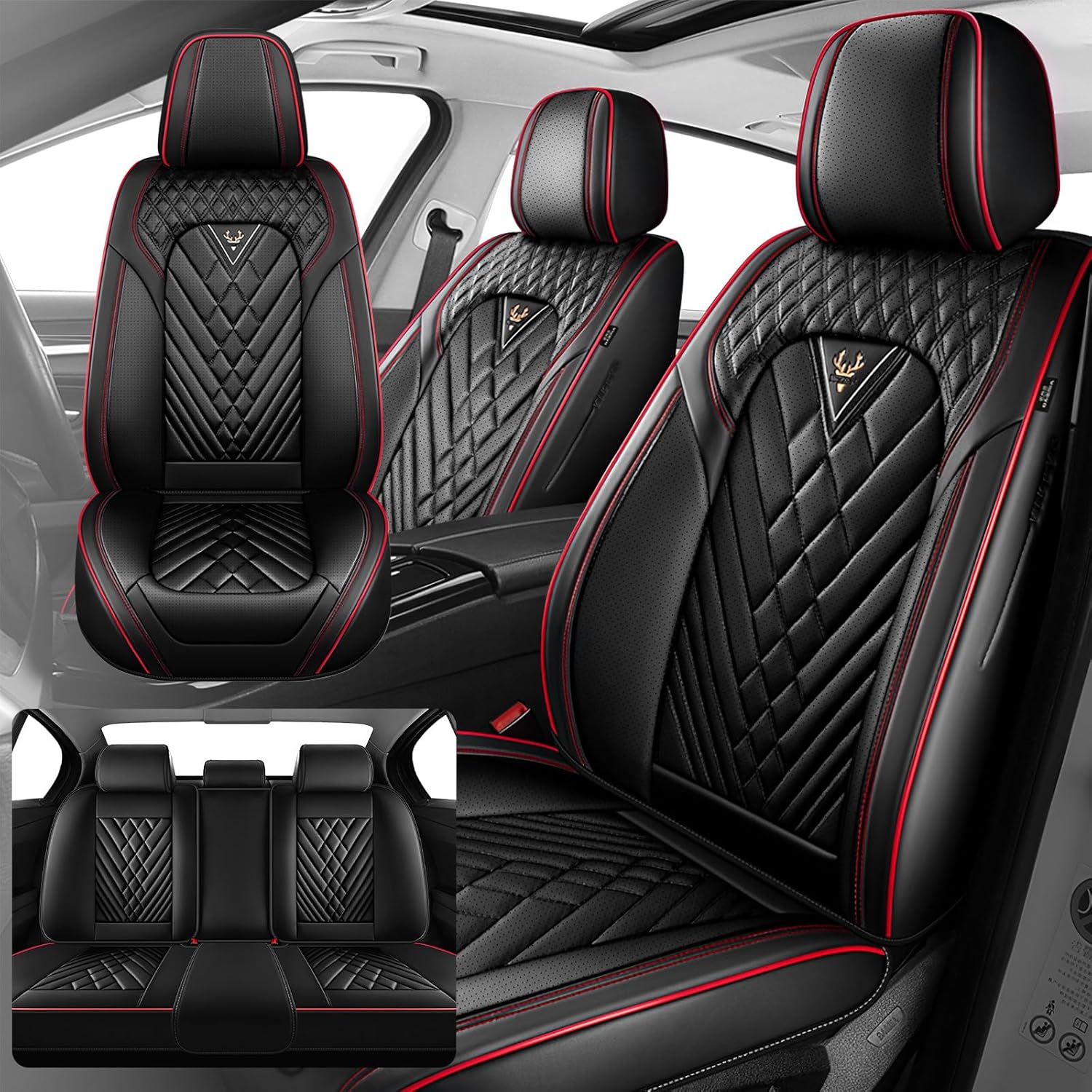 Fit for 97% of Cadillac Seat Covers, Fashion Sport Seat Cover with Waterproof Leather, Airbag Safe Design Seat Protector (2 Front Seat Standard, Black Red)