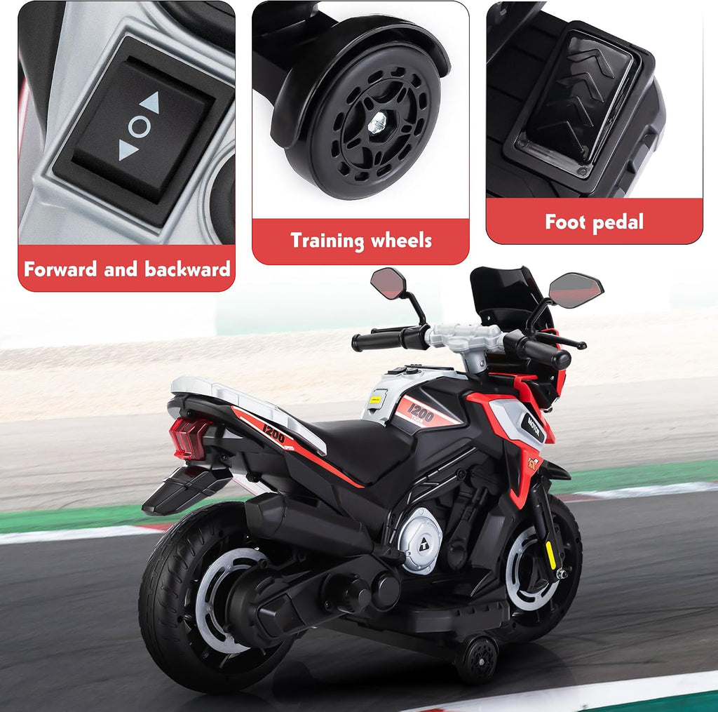 TOBBI Kids Motorcycle Electric Dirt Bike Toddler Motorcycle with Training Wheels 12V Ride on Toys Battery Powered Motor Bike w/Music Headlights for Children, Red