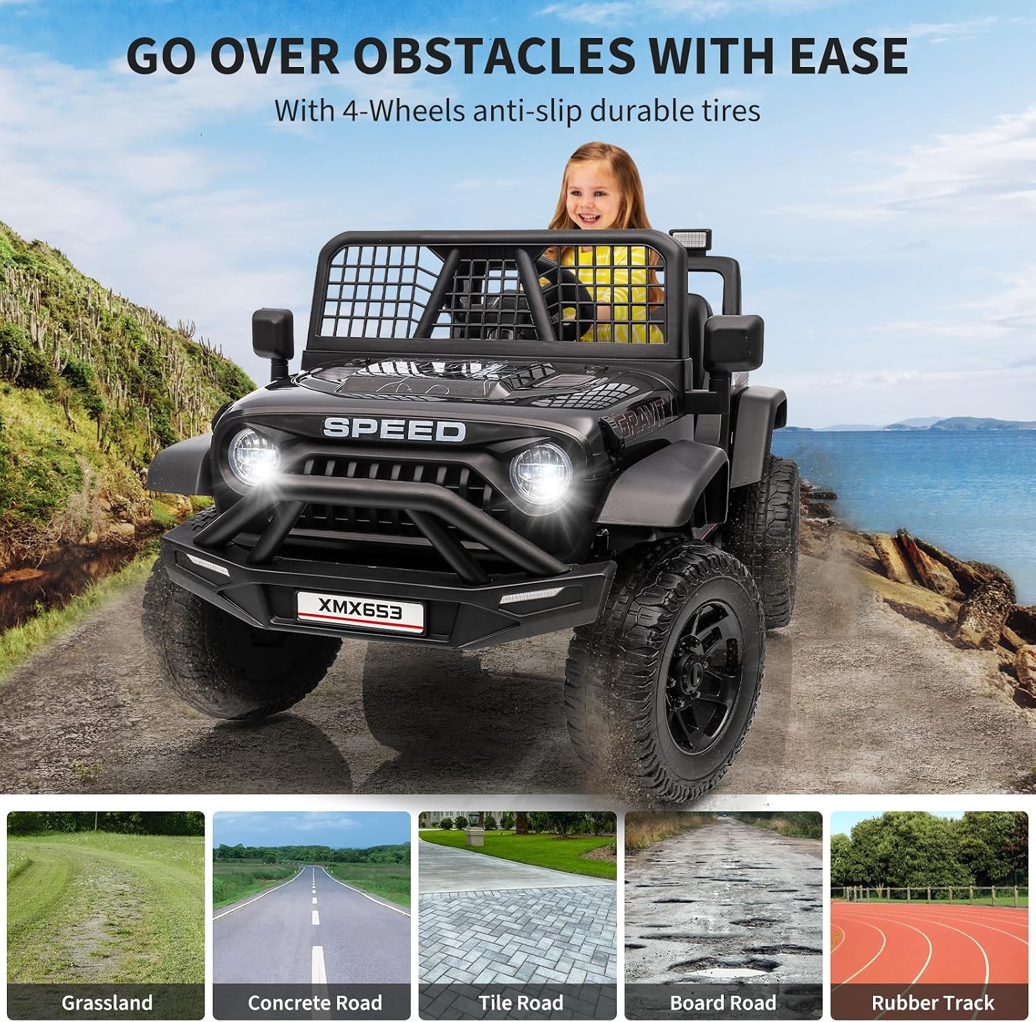 12V Kids Ride on Car Truck, Kids Electric Vehicles Car Ride on Toy Extra Wide Seat and Legroom for Toddlers with Remote Control, 3 Speeds, LED Light, Music, USB for Children 3-6 Years, Black