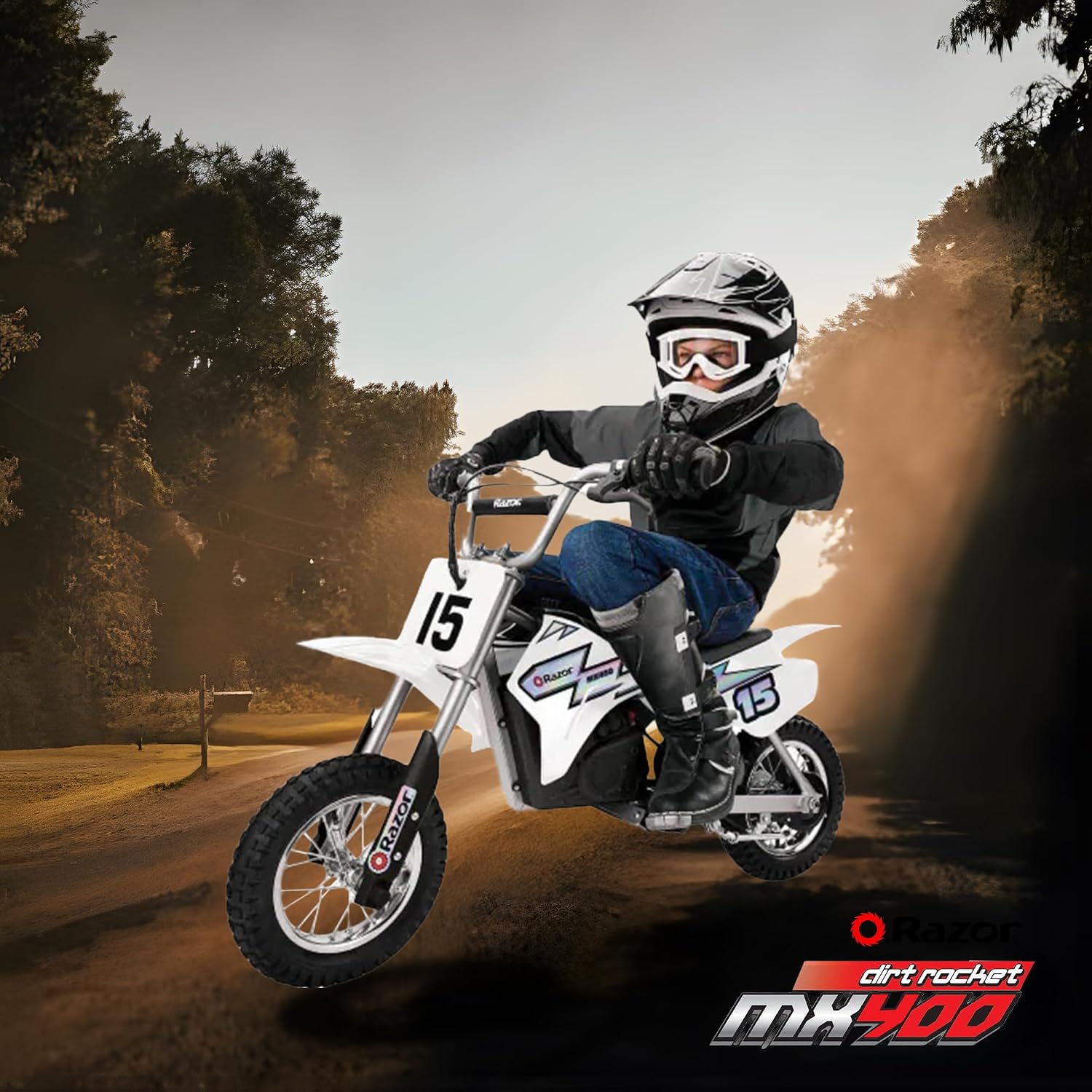Razor MX400 Dirt Rocket Electric Bike for Kids Ages 8+, 140 lb Max Weight, White – 24V Battery, Up to 14 Mph, 30-Min Ride Time on High Speed, Twist-Grip Throttle, Spoked Wheels w/ 12' Pneumatic Tires