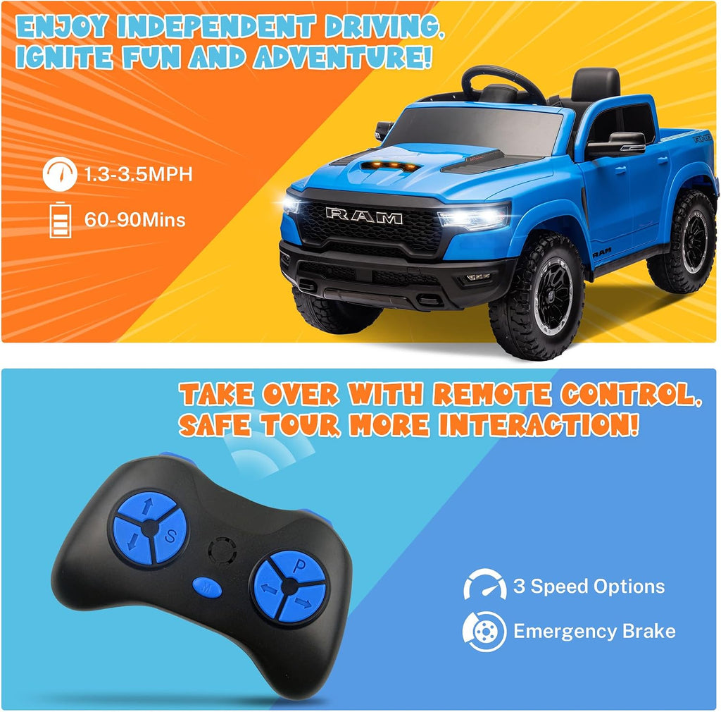 ENYOPRO 12V Licensed Ram 1500 RHO Ride on Truck, Electric Car for Kids to Drive, Toddler Ride On Toys w/Remote Control, Truck Bed Storage, Smooth Start, Bluetooth, USB, LED Lights, Max 3.5 MPH, Blue