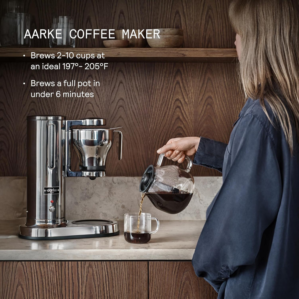 aarke Coffee Maker - Electric Drip Brewer with Automatic Drip-Stop, Glass Carafe, Brews Full Pot in Under 6 Minutes, SCA certified, Stainless Steel