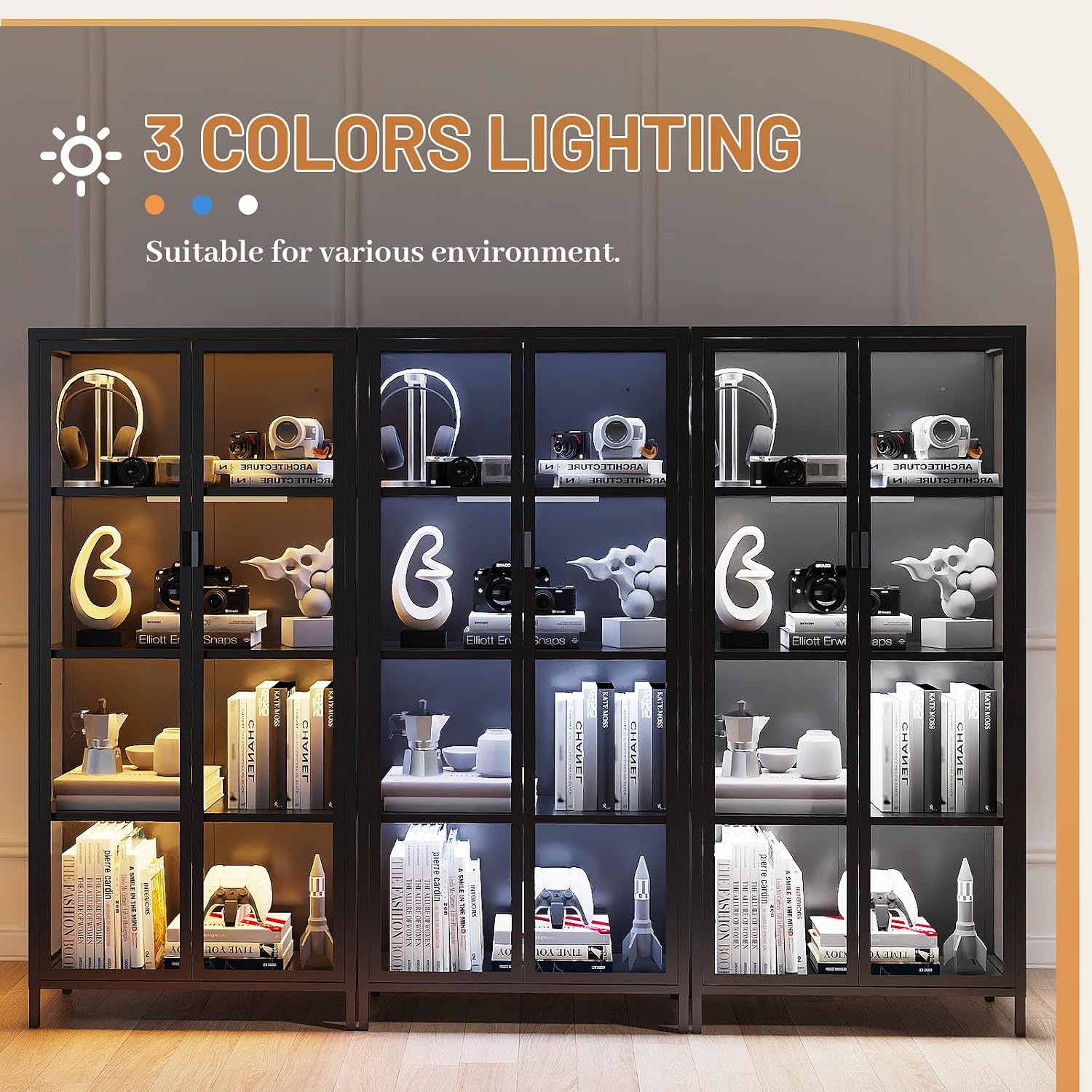 Eltean 63' H Display Cabinet with Glass Doors,4 Tiers Curio Display Case with 3 Colors LED Sensor Light,Glass Display Cabinets for Collectible with 3 Adjustable Shelves for Living Room,Bedroom,Office