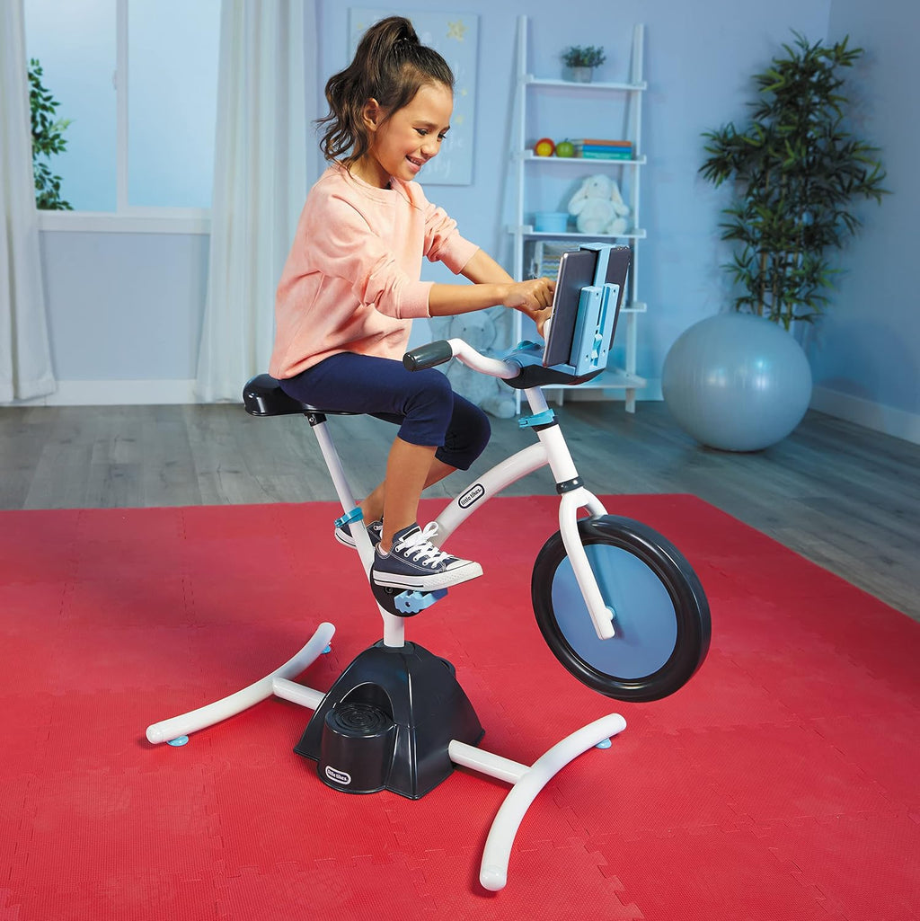 Little Tikes Pelican Explore & Fit Cycle Adjustable Play Fitness Exercise Equipment Stationary Bike with Videos and Built-in Bluetooth Speaker, For Kids Ages 3-7 Years, WHITE, BLUE