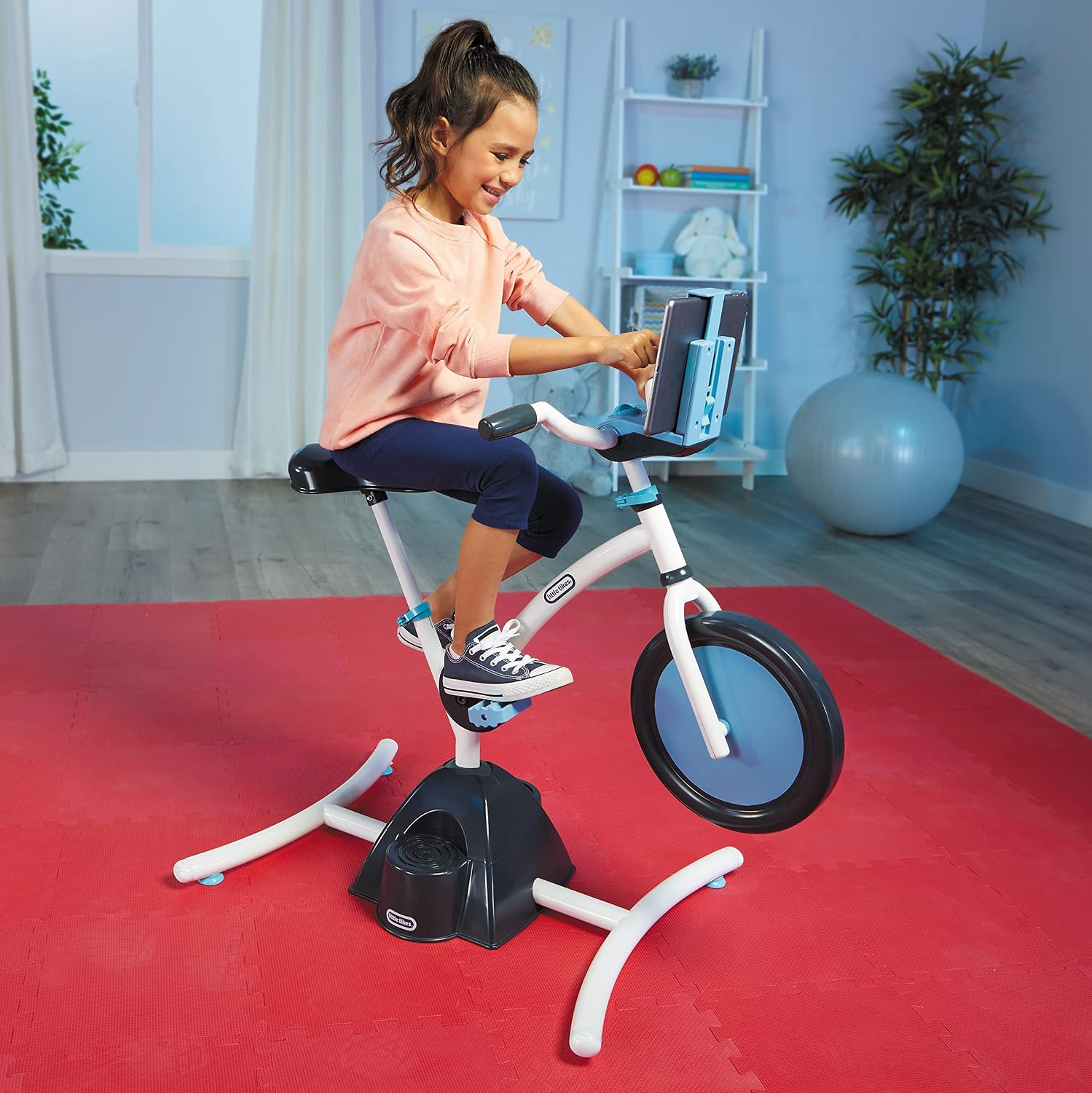 Little Tikes Pelican Explore & Fit Cycle Adjustable Play Fitness Exercise Equipment Stationary Bike with Videos and Built-in Bluetooth Speaker, For Kids Ages 3-7 Years, WHITE, BLUE