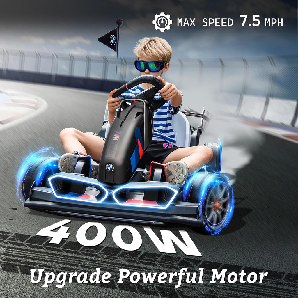FORESEE 24V Licensed BMW Kids Electric Go Kart, Battery Powered Drift Kart w/Adjustable Seat, Ride On Toy for Big Kids Ages 6+, 7.5MPH Racing Go Cart w/400W Motor, LED Lights & Safety Belt, Black