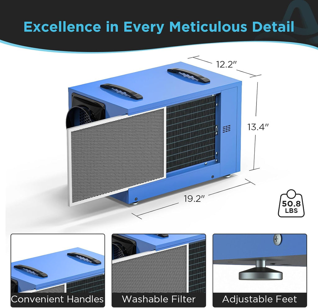 125 Pints Commercial Dehumidifier for Crawl Spaces & Basements with Drain Hose, Industrial Grade Water Damage Restoration for up to 6,000 sq ft, Auto Defrost, Memory Starting