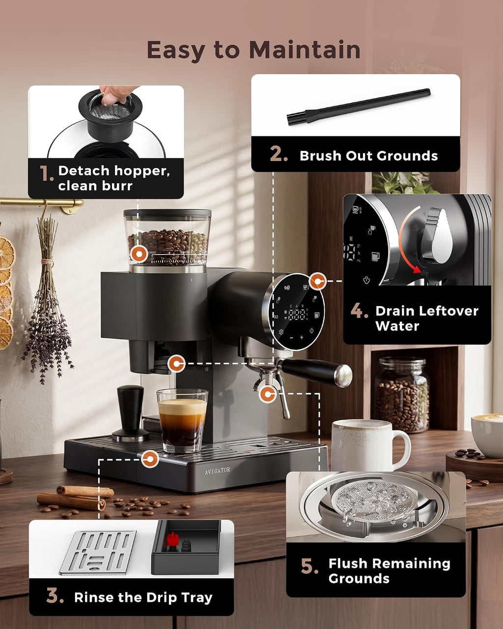 20 Bar Espresso Machine | LED Screen Touch Control | 6 Level Adjustable Grinder | Drip Coffee & Cold Brew, Milk Frother, Assisted Tamper & Built-In Accessory Storage Box | 50oz Tank