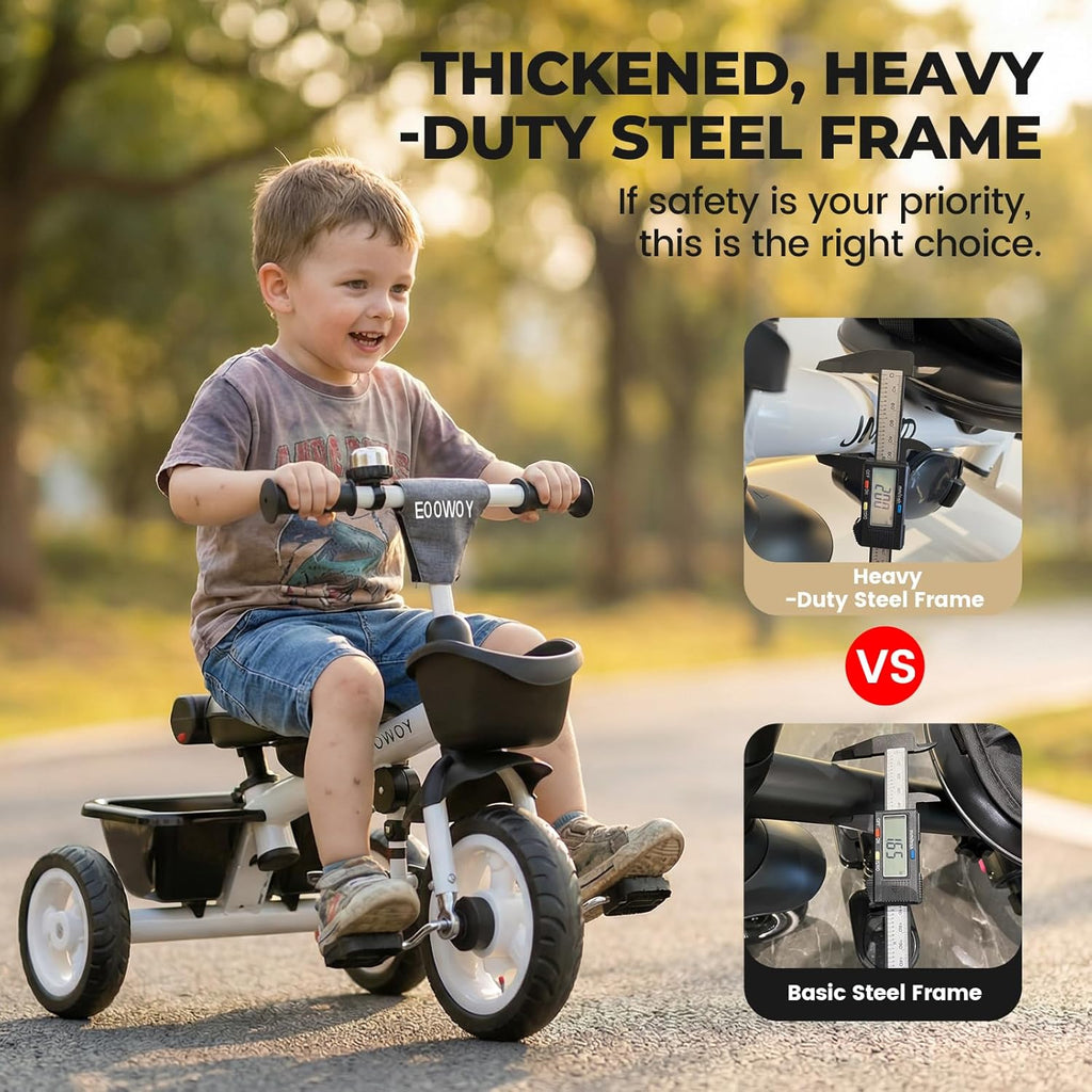 EOOWOY Toddler Tricycle with Push Handle, 7 in 1 Stroller Trike with 360° Swivel Seat, Reclining Backrest, All-Terrain Wheels, Dual Brakes, Canopy & Storage, Gift for Kids 18 Months to 5 Years, Gray
