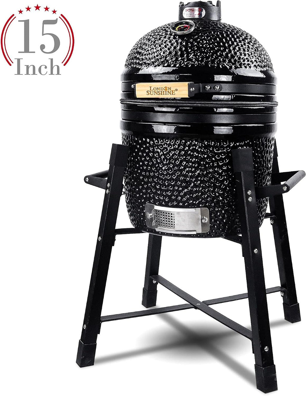 London Sunshine Ceramic Kamado Charcoal BBQ Grill and Smoker, Stainless Steel Grates -15' Ceramic with Tall Stand (BLACK)