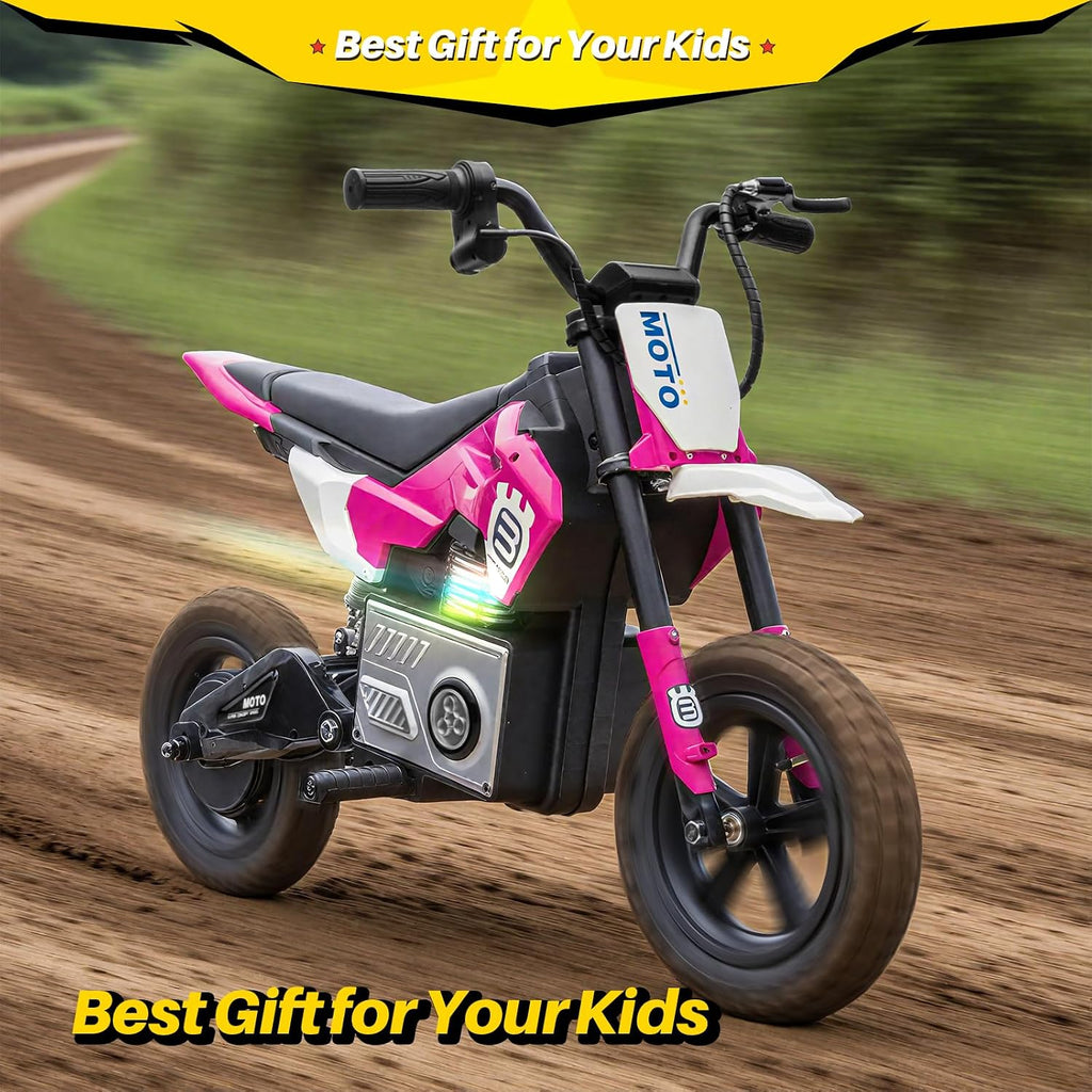Blitzshark 24V Electric Dirt Bike for Kids，200W Motor Electric Motorcycle Aged 5-12, Motorbike for Kids, Adjustable Speed, LED Breath lamp,Bluetooth,Music,Horn,Speeds 3-9MPH, Pink