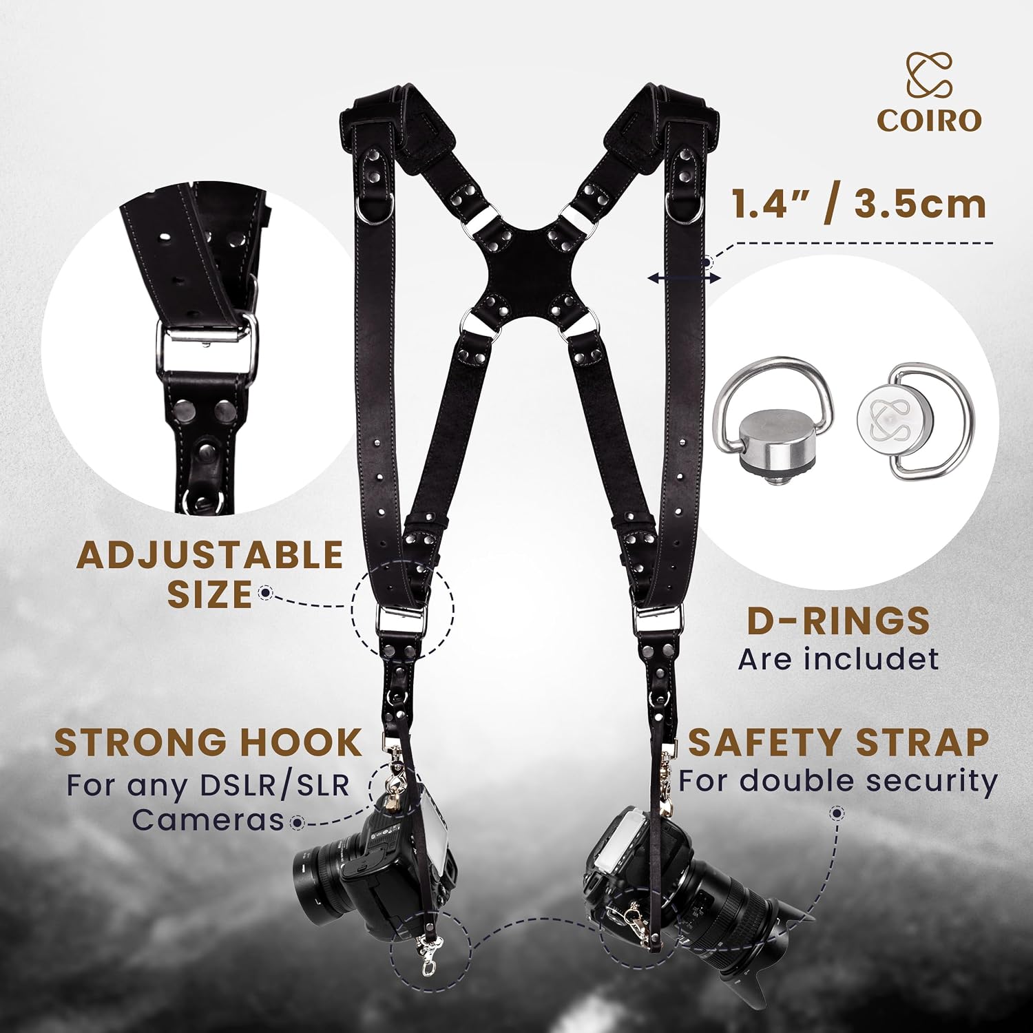 C Coiro Camera Harness for 2 Cameras Dual Shoulder Leather Camera Strap for DSLR/SLR, Camera Straps for Photographers