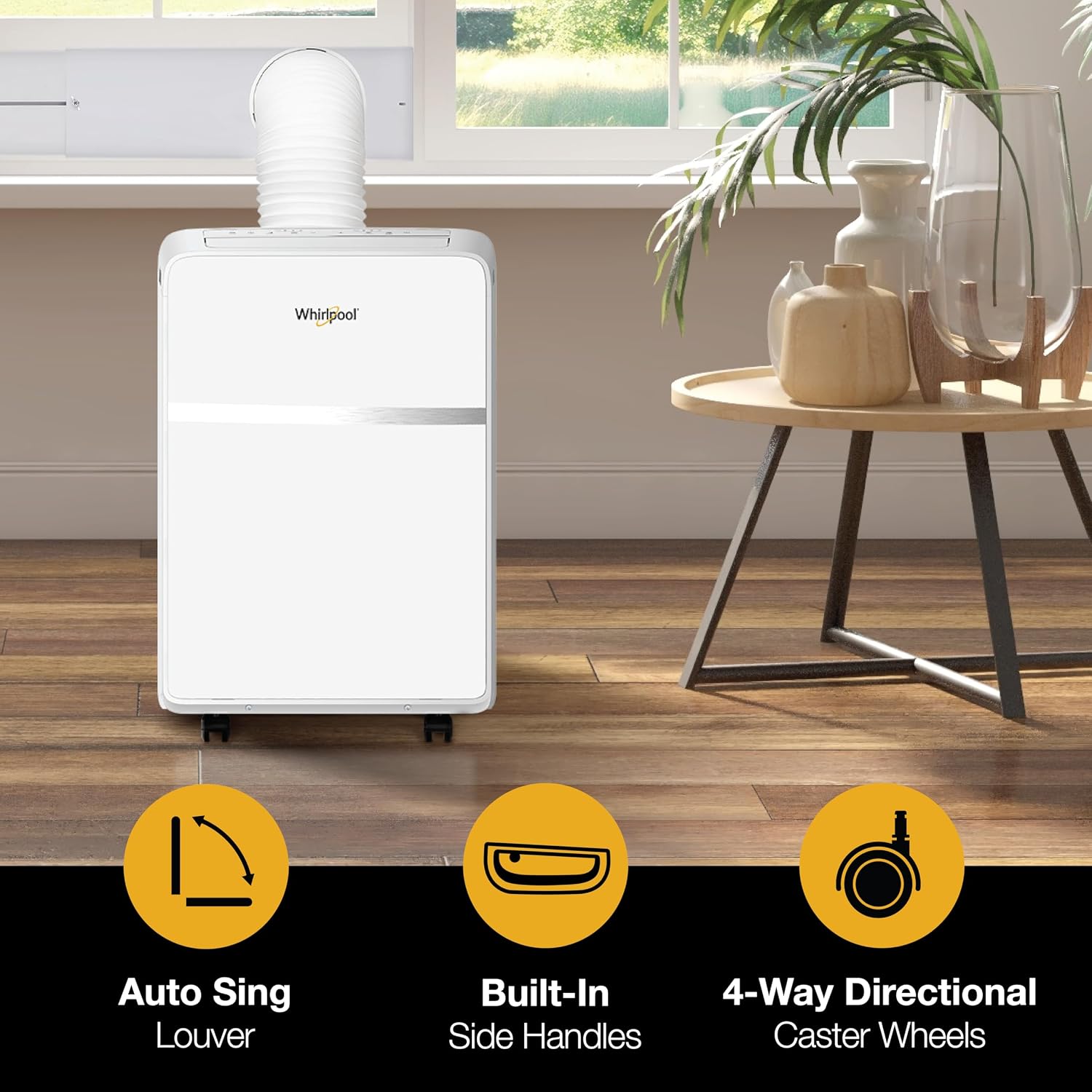 Whirlpool 8,000 BTU Portable Air Conditioner with Dehumidifier for Apartment, Bedroom, Small Rooms up to 200 Sq. Ft., 115V, with 3 Speeds, 24H Timer, and Remote Control, White