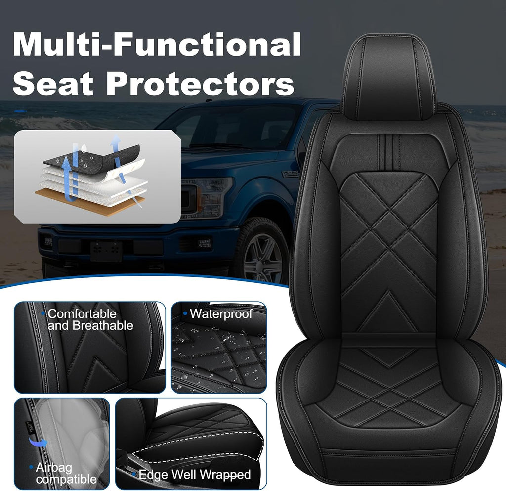Truck Seat Covers Fit for 2007-2025 2026 Chevrolet Chevy Silverado & GMC Sierra 1500 2500 3500 HD Crew Double Extended Cab Waterproof Leather Seat Protectors (2pc Front Only, Black & Gray)