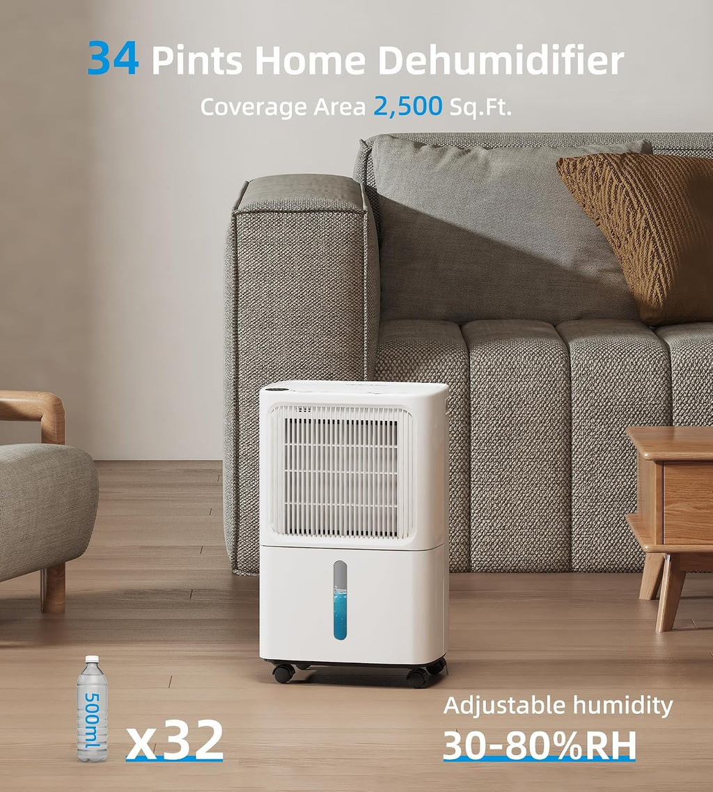 VEAGASO 2500 Sq. Ft Dehumidifier for Basement, 34 Pint Dehumidifiers For Home, Large Room, Auto Drain or Manual Drainage, Digital Control Panel, Auto Defrost, 24H Timer