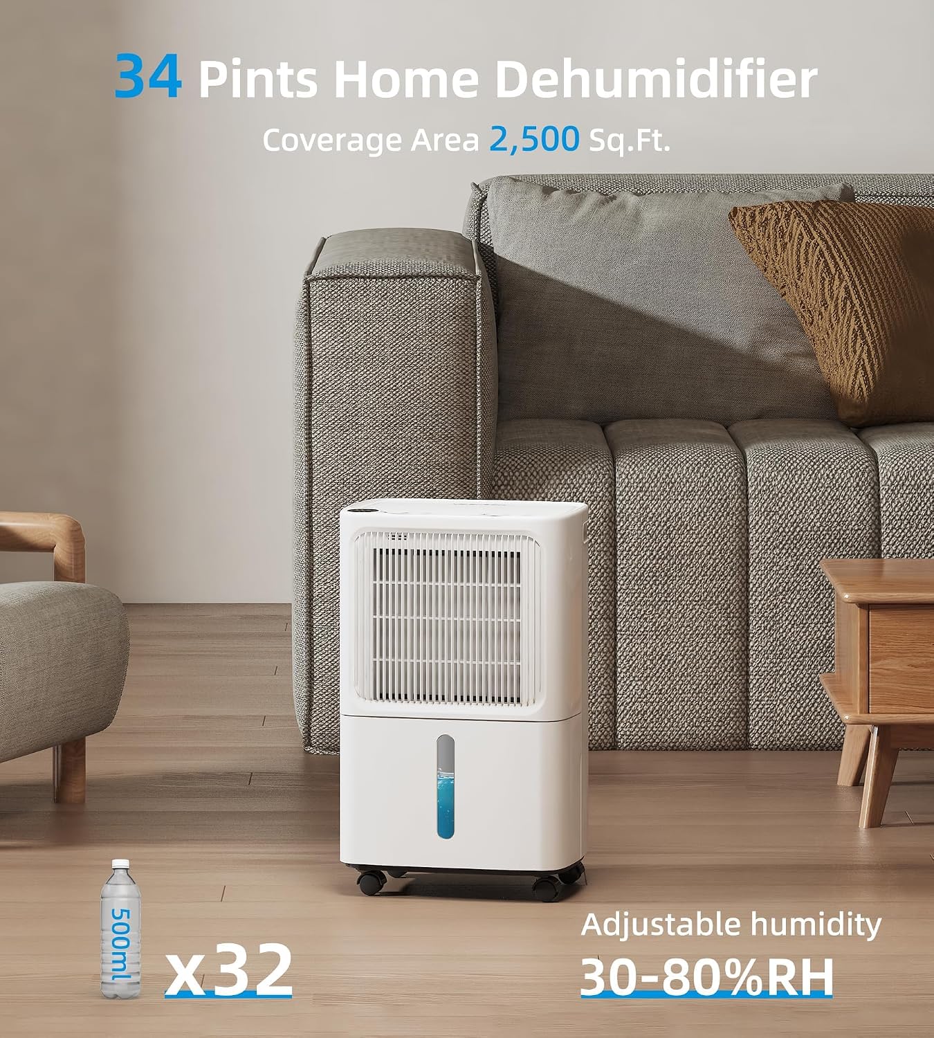 VEAGASO 2500 Sq. Ft Dehumidifier for Basement, 34 Pint Dehumidifiers For Home, Large Room, Auto Drain or Manual Drainage, Digital Control Panel, Auto Defrost, 24H Timer