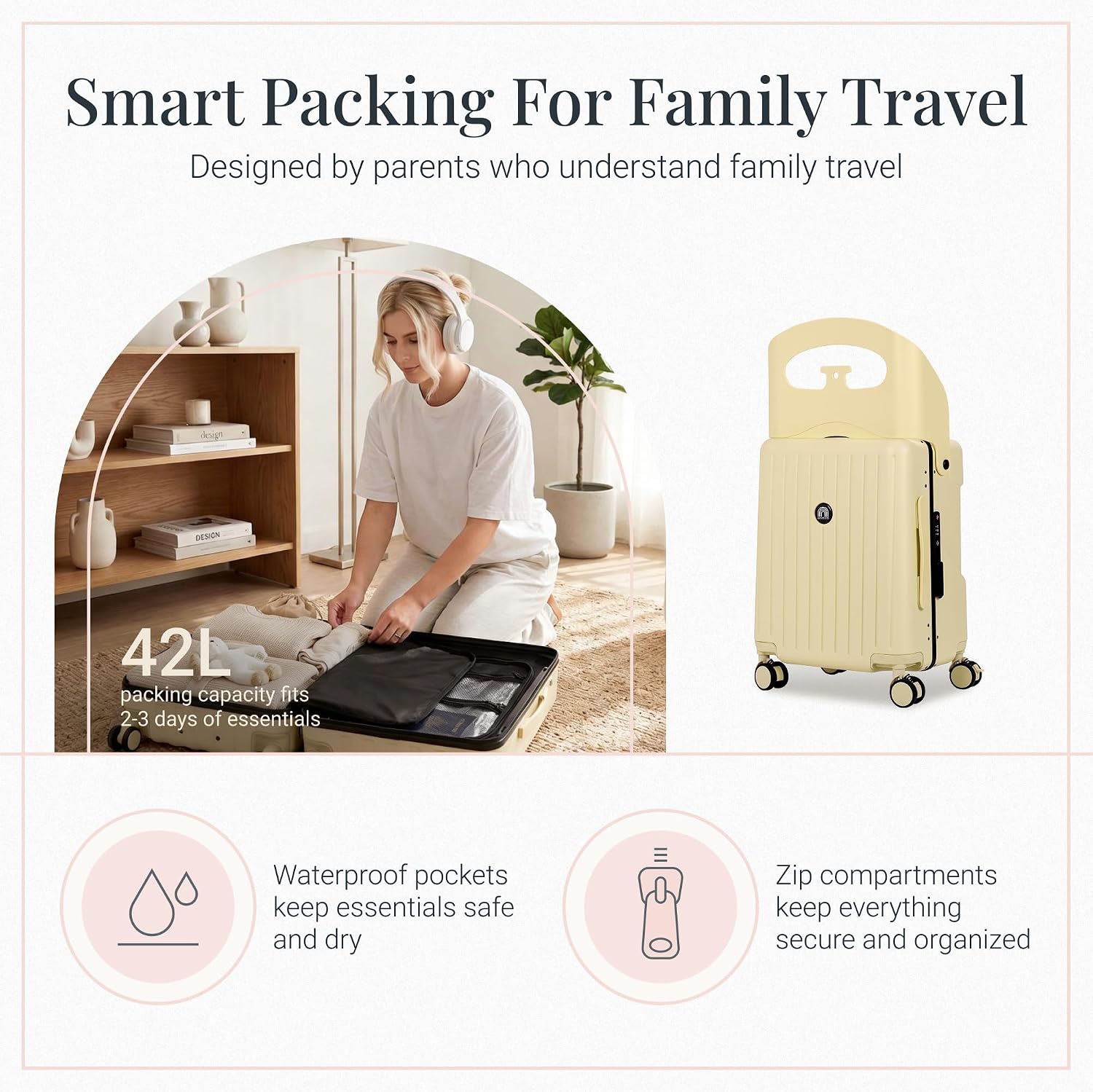 RAINRO & CO Butter Beige 20' Ride-On Suitcase for Kids (Ages 3–5), Carry-On Luggage with Seat, Spinner Wheels, TSA Lock & Lightweight Durable Hardshell