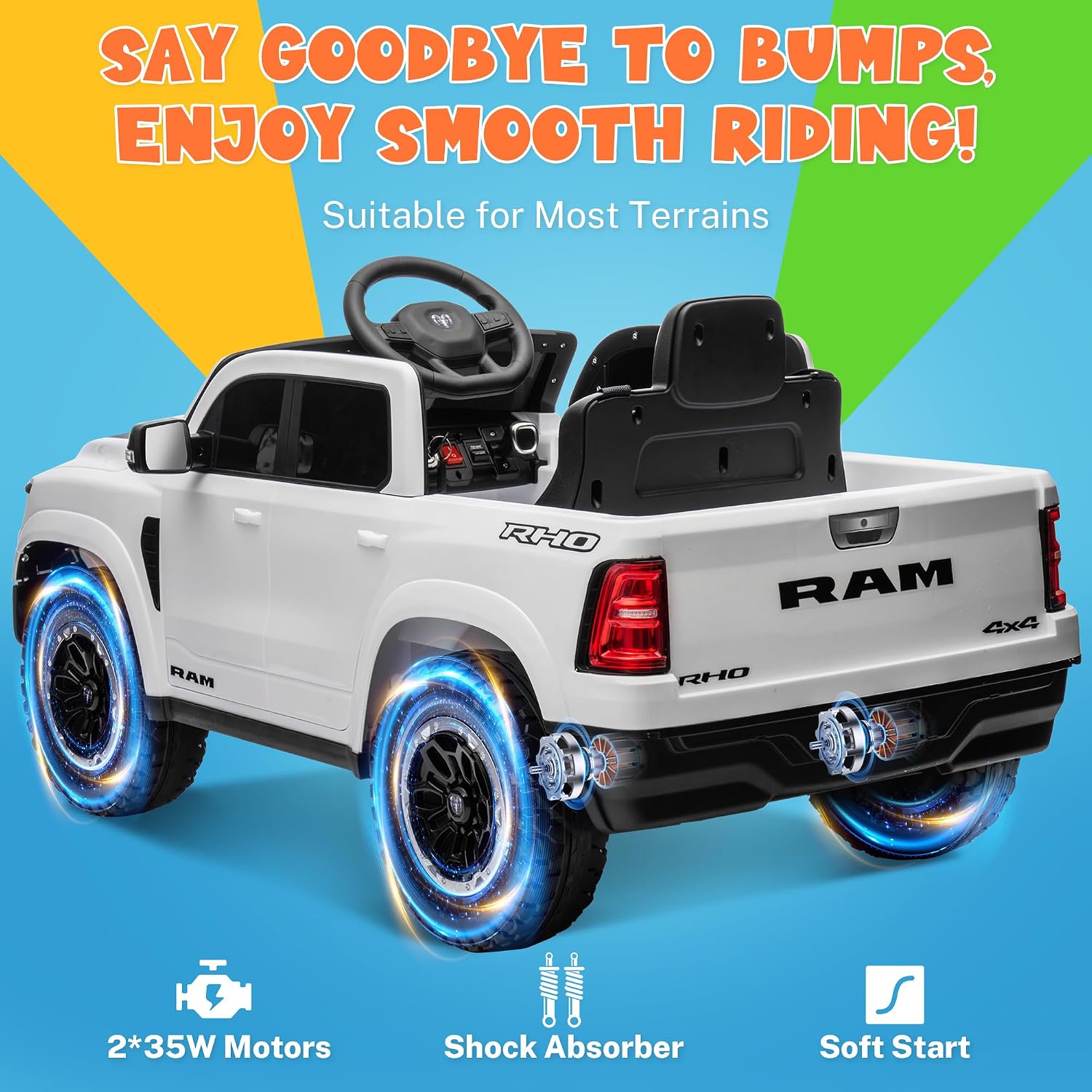 ENYOPRO 12V Licensed Ram 1500 RHO Ride on Toys for Kids, Toddlers Ride on Car w/Remote Control, Kids Electric Car w/4-Wheel Suspension, Soft Start, LED Lights, BT/USB/AUX, Truck Bed Storage, White