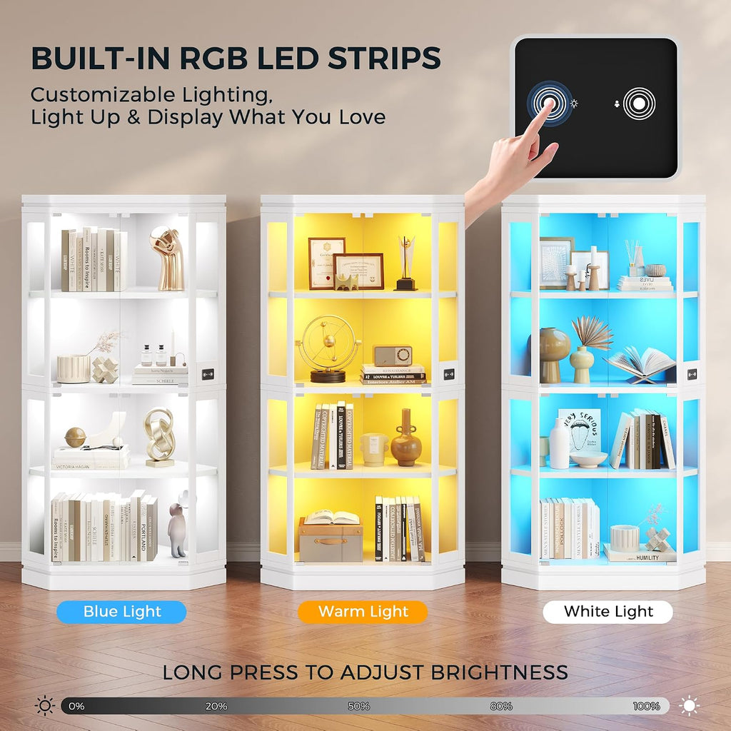 Jocoevol Corner Display Cabinet with Glass Doors, 4-Tier Display Cases for Collectibles with RGB Lights, 67'' Tall Corner Curio Cabinet with Human Body Sensor for Living/Game Room, White