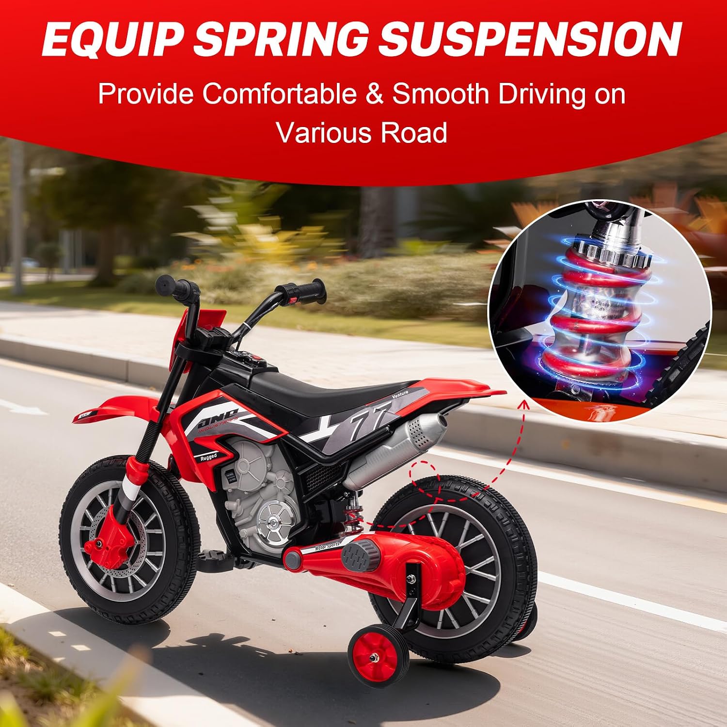12V Kids Motorcycle w/Treaded Tires, 3.1mph Top Speed Electric Bike for Kids, Training Wheels, Music & Bluetooth, Spring Suspension, Age 3-8 Year Old, Red