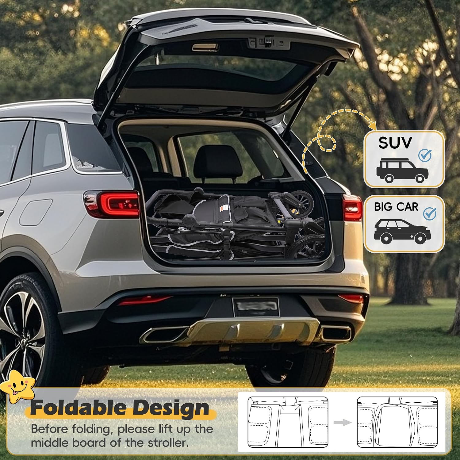 TOLEAD Wagon Stroller for 4 Kids, Foldable 4 Seats Outdoor Stroller Wagon with Canopy, Adjustable Handlebars, 5-Point Safety Harness, Detachable Tray, Portable Bag (Black)
