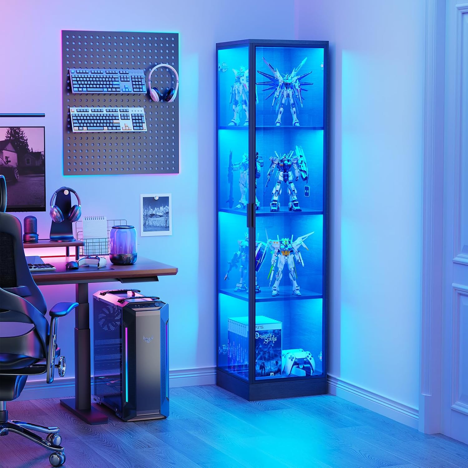 BROTTAR Corner Display Cabinet with Doors, 4-Tier Curio Cabinet for Collectibles, Display Case with 3 Color Light, Storage Cabinets with Door, Bookcase with Human Body Sensor, Black (15.7' W)