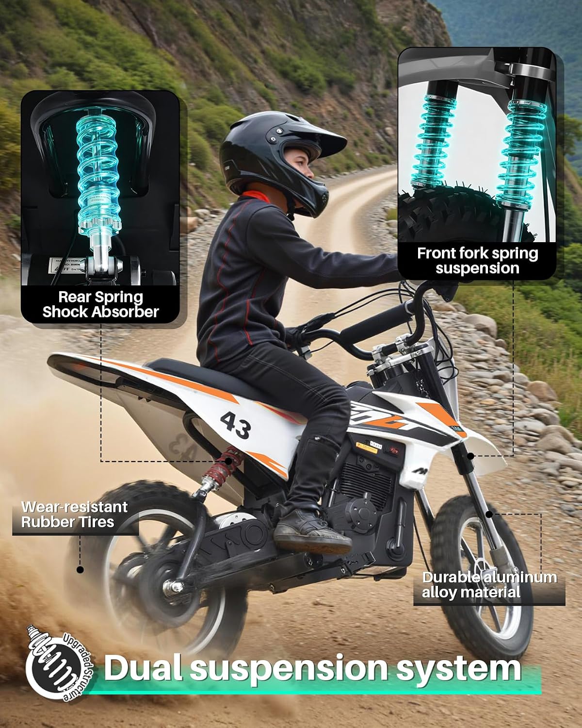 Blitzshark 36V 650W Kids Electric Dirt Bike Off-Road Motocross Ultra Powerful Motorcycle, with 17MPH MAX Speed, Rubber Tire, Twist Grip Throttle, Dual Suspension & Brakes, Leather Seat, SRK-MC20 Pro