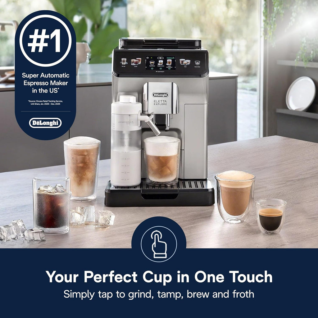 De'Longhi Eletta Explore Espresso Machine with Cold Brew, Hot & Cold Milk Frother - 50+ Recipes, Built in Grinder, Smartphone Compatible with Bean Adapt Technology for Ideal Extraction, 3.8 Pounds