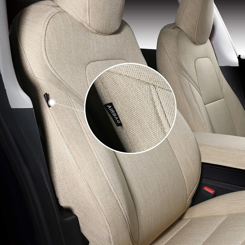 2 Front Seat Cover Custom Fit for Tesla Model 3 Model Y Synthetic Linen Car Seat Protector Cushion for Model 3 2017 2018 2019 2020 2021 2022 All Season (2 Front Beige Fabric)