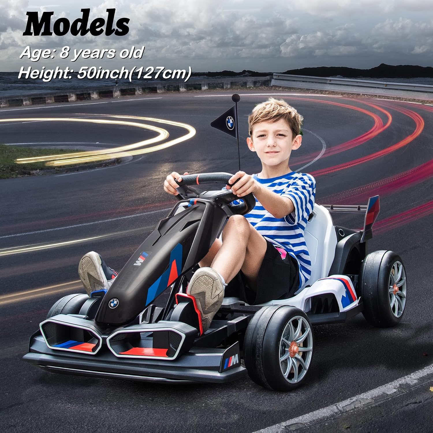 FORESEE 36V Licensed BMW Kids Electric Go Kart, Battery Powered Drift Kart w/Adjustable Seat, Ride On Toy for Big Kids Ages 6+, 8.6MPH Racing Go Cart w/600W Motor, LED Lights & Safety Belt, Black