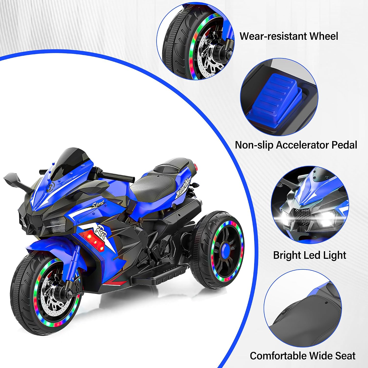WIIS' IDEA Kids Ride On Motorcycle,12V Electric Battery Powered Ride On Bike,3 Wheels Electric Motorcycle for Kids Ages 3-6 Years with Hand Racing,LED Light-Emitting Tyres,PU seat,Toy Gifts,Blue