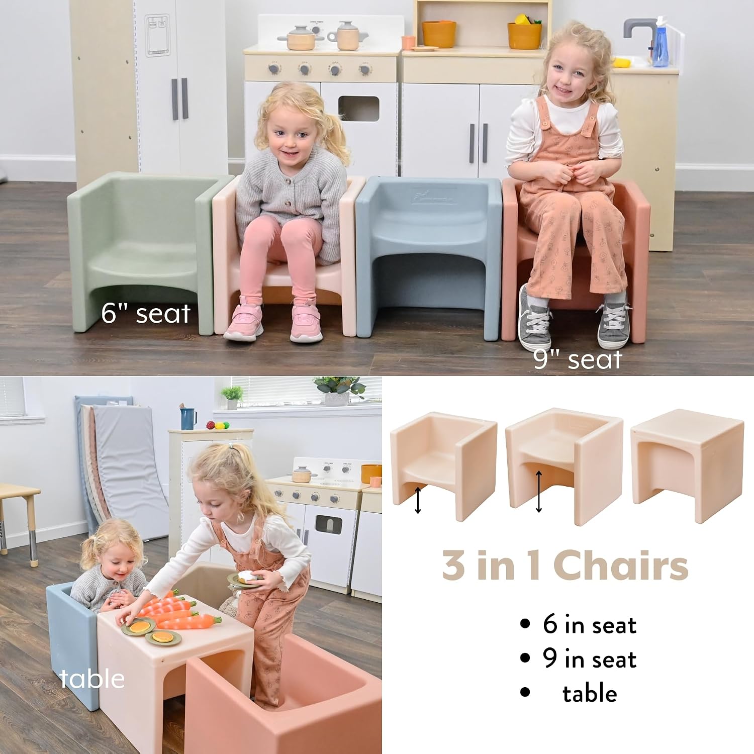 Children's Factory 3-in-1 Cube Chair for Kids, Flexible Seating Classroom Furniture,Polyethylene, 4-Pack, Elements Colorway