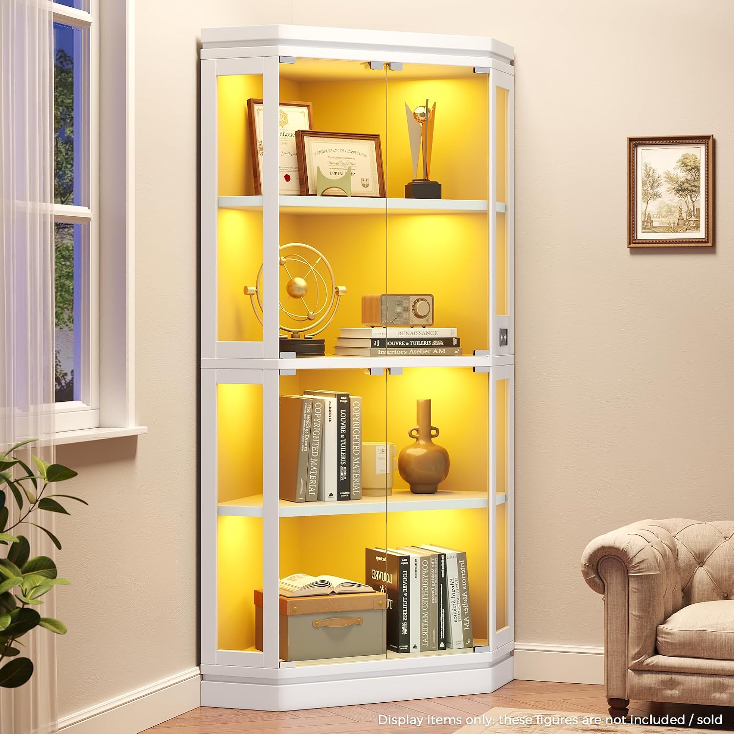 Jocoevol Corner Display Cabinet with Glass Doors, 4-Tier Display Cases for Collectibles with RGB Lights, 67'' Tall Corner Curio Cabinet with Human Body Sensor for Living/Game Room, White