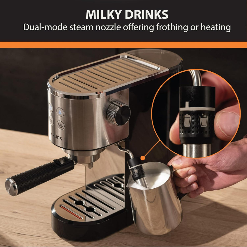 KRUPS Stainless Steel Espresso Machine: 15-Bar Pump Pressure, Milk Frother for Cappuccino and Latte, Fast Pre-Heat, 2-Cup Capacity, Cup Warmer, Easy Cleaning, 1350W, Silver