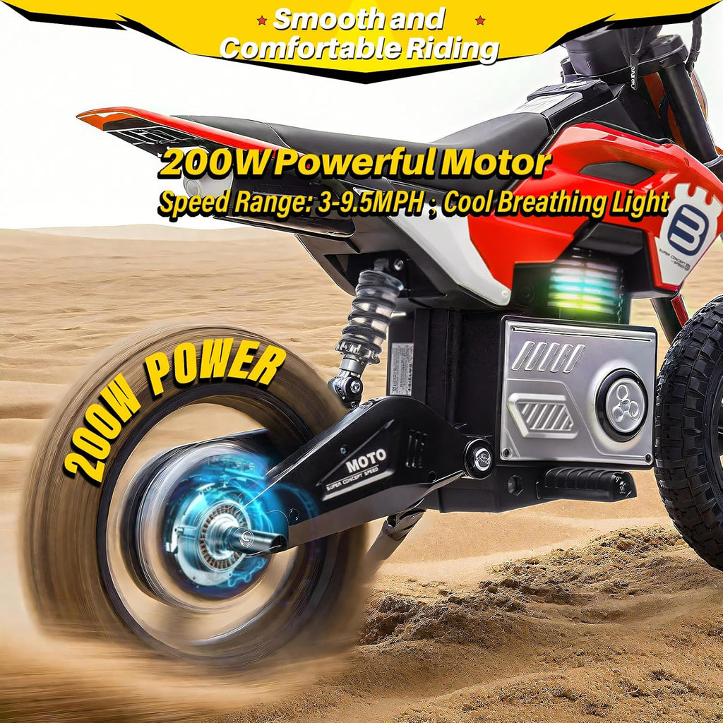 Blitzshark 24V Electric Dirt Bike for Kids，200W Motor Electric Motorcycle Aged 5-12, Electric Motorbike for Kids, Adjustable Speed, LED Breath lamp,Bluetooth,Music,Horn,Speeds 3-9MPH, Red