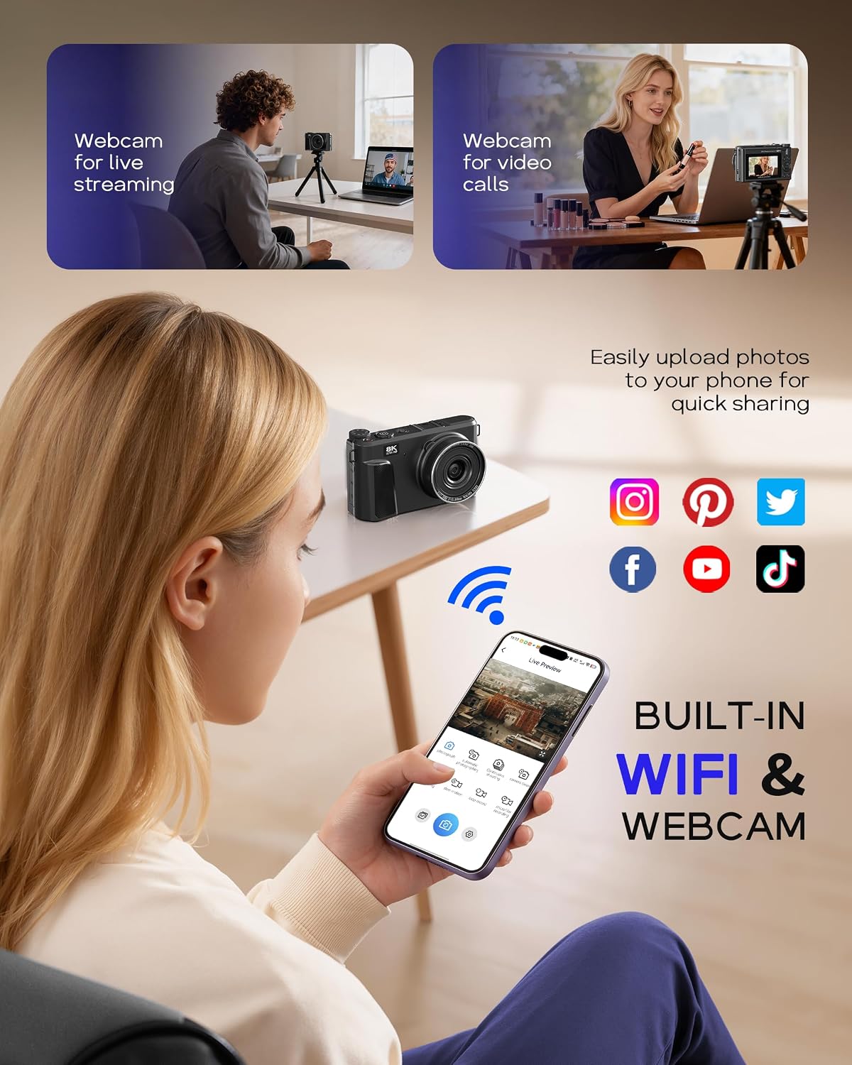 8K Digital Camera for Photography - 88MP Autofocus Vlogging Camera for YouTube with 64GB SD Card, WiFi, 18X Zoom 3' 180° Flip Screen Compact Travel Camera with 2 Batteries for Teens and Beginner