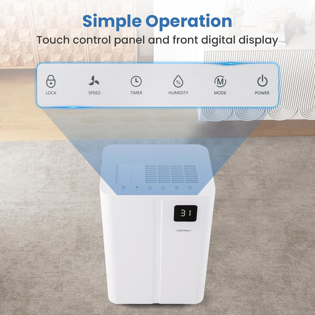 COSTWAY 54 Pints Dehumidifier for Basement, 4500 Sq.Ft Dehumidifier with 3 Modes, 24H Timer, LED Display, 3-Color Indicator Light, Child Lock, Drain Hose & Auto Defrost for Bathroom Bedroom